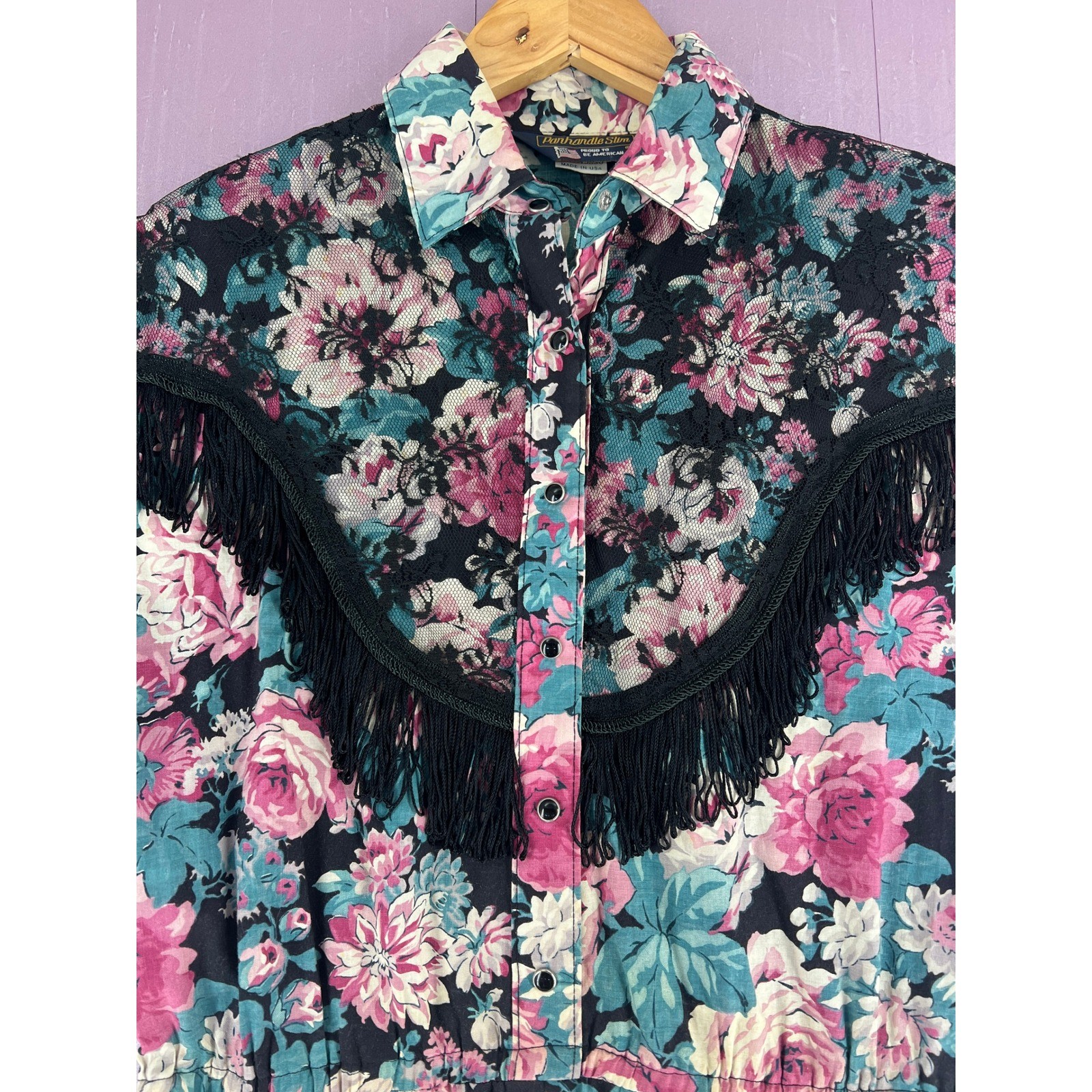 Vintage Panhandle Slim Floral Western Maxi Dress Fringe Pearl Snap Prairiecore