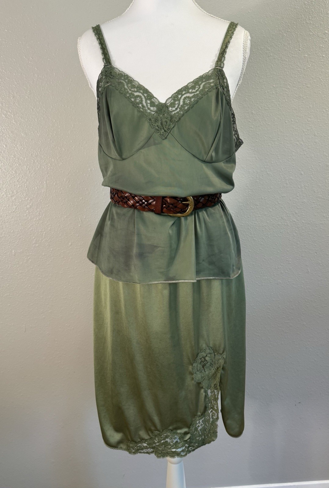 Vintage 70s Forest Fairy Moss Green Slip Camisole Set Grunge Whimsigoth Coord
