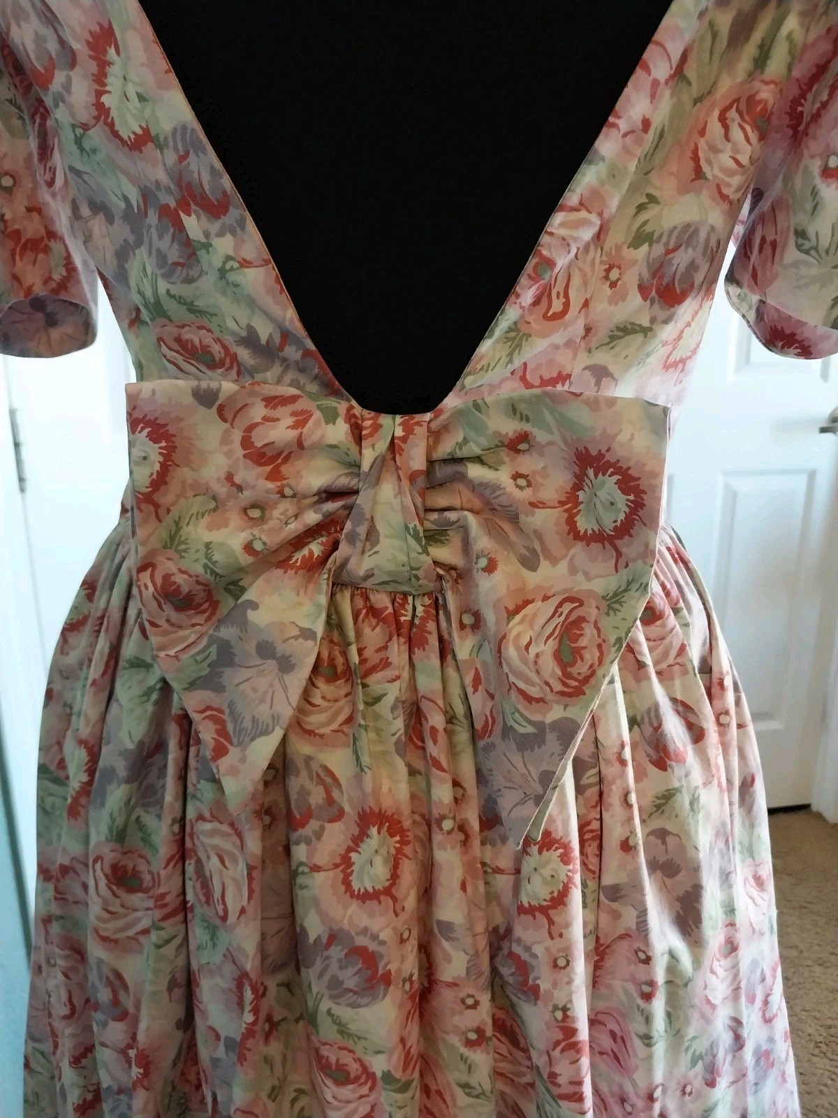 Vtg 1980s Laura Ashley Cottage-core Romantic Puff Sleeve Large Bow Tea Dress