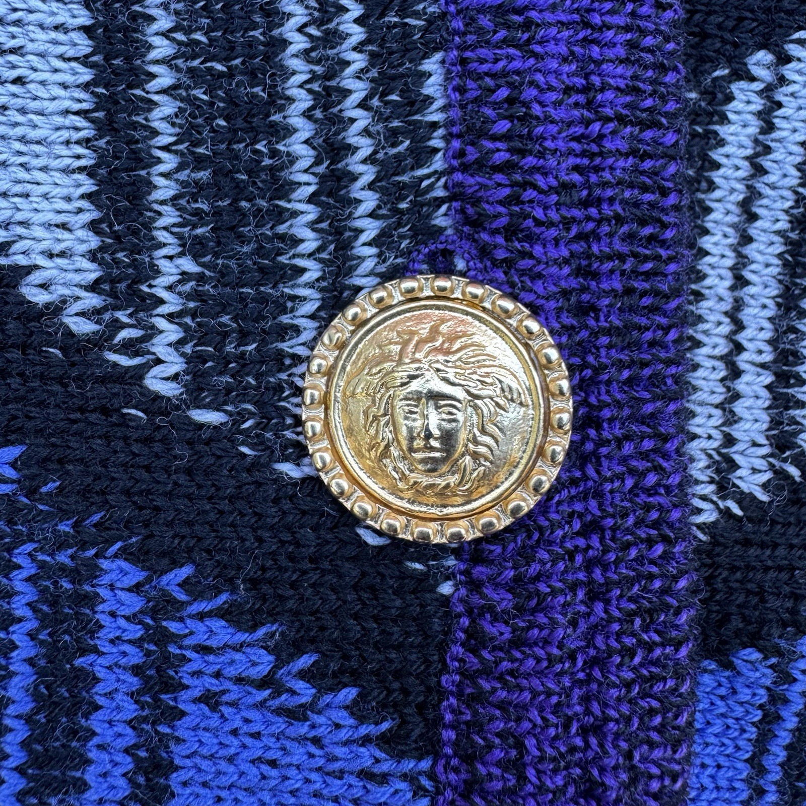 VTG 90s Gianni Versace Virgin Wool Cardigan Sweater Colorful Gold Buttons S READ