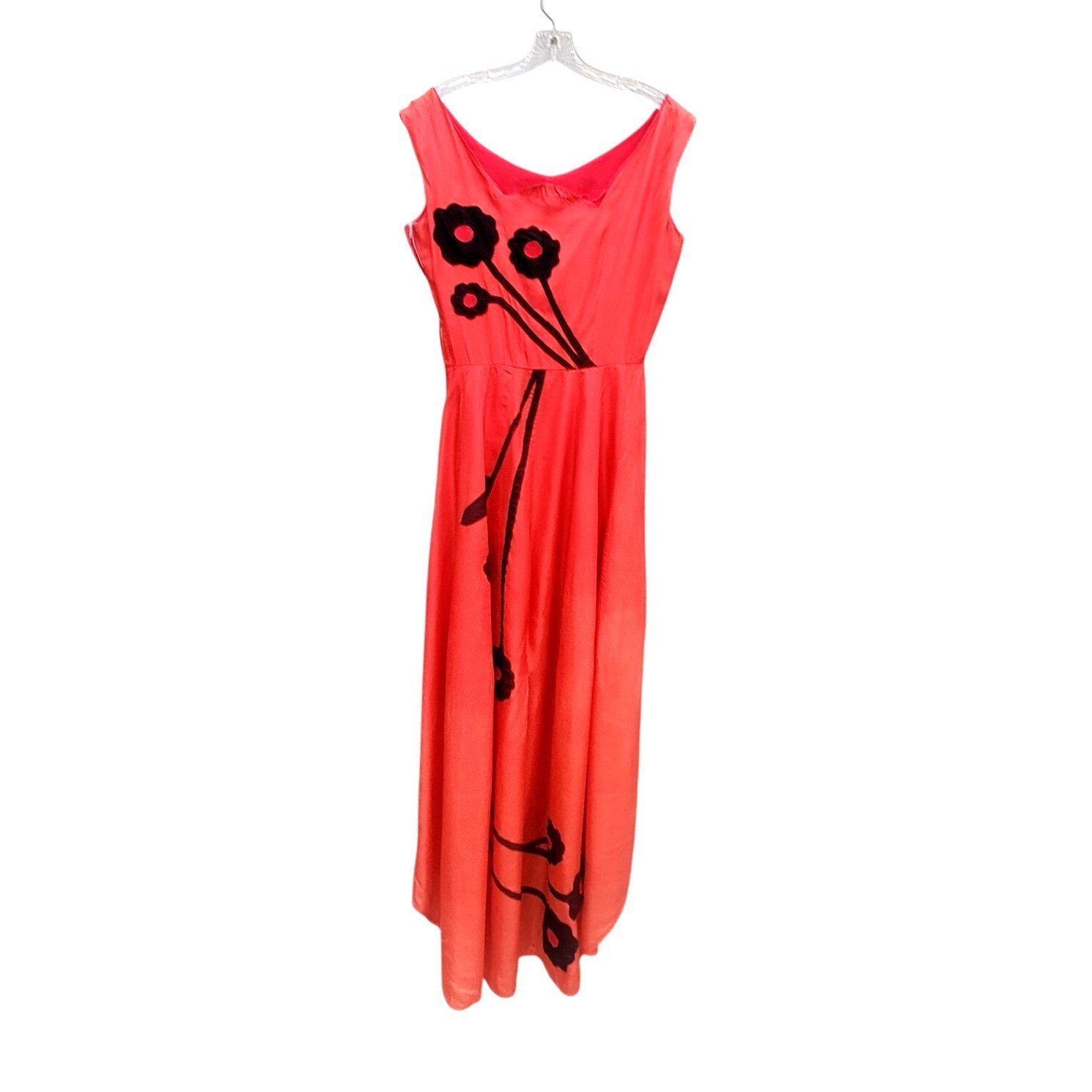 Vintage 30s Style Red Orange Acetate Maxi Size S Black Appliqué Gown Prom Dress