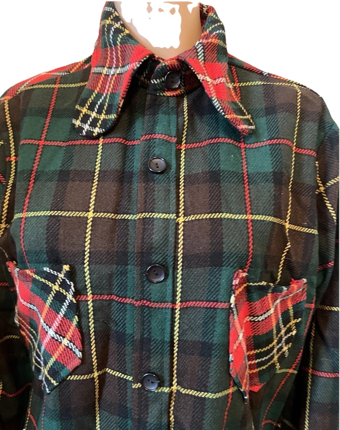 Vintage 1970s Green/Red Tartan Plaid Wool Blouse Women’s L Wide Collar Pockets