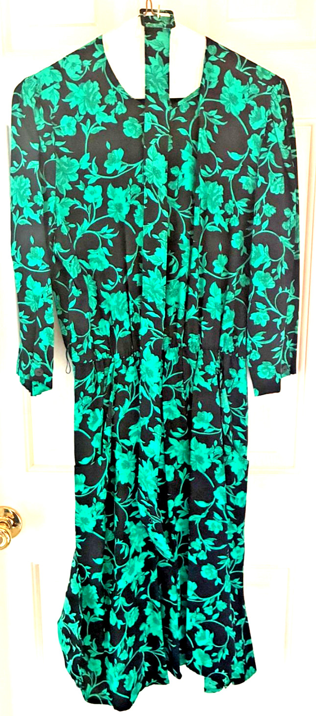 VTG 80s /90s VLP Petites Green Black Floral Dress Cottagecore Secretary Career