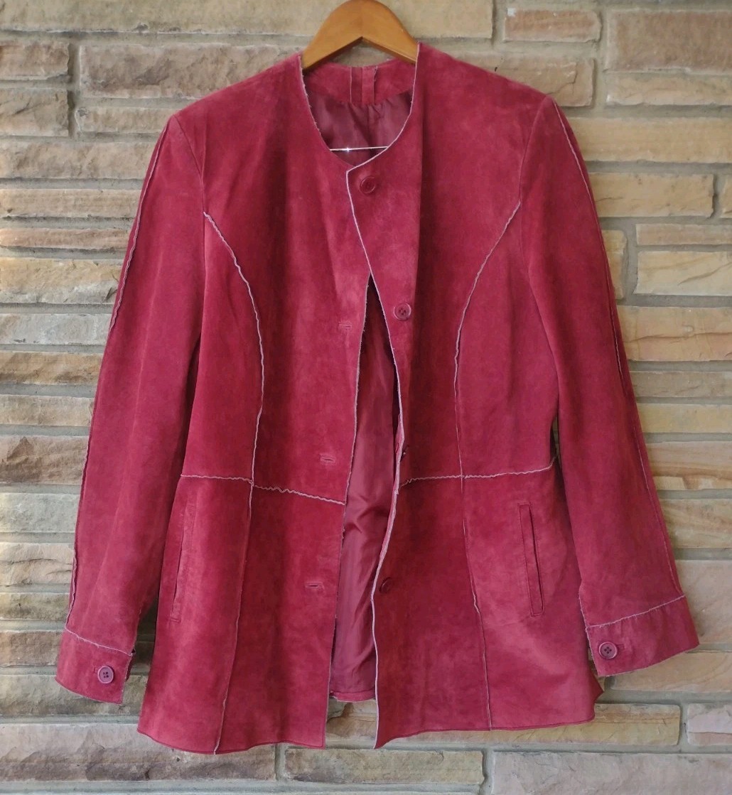 Vintage 90s Dark Red Suede Leather Patchwork Jacket L Boho Raw Edge Excellent