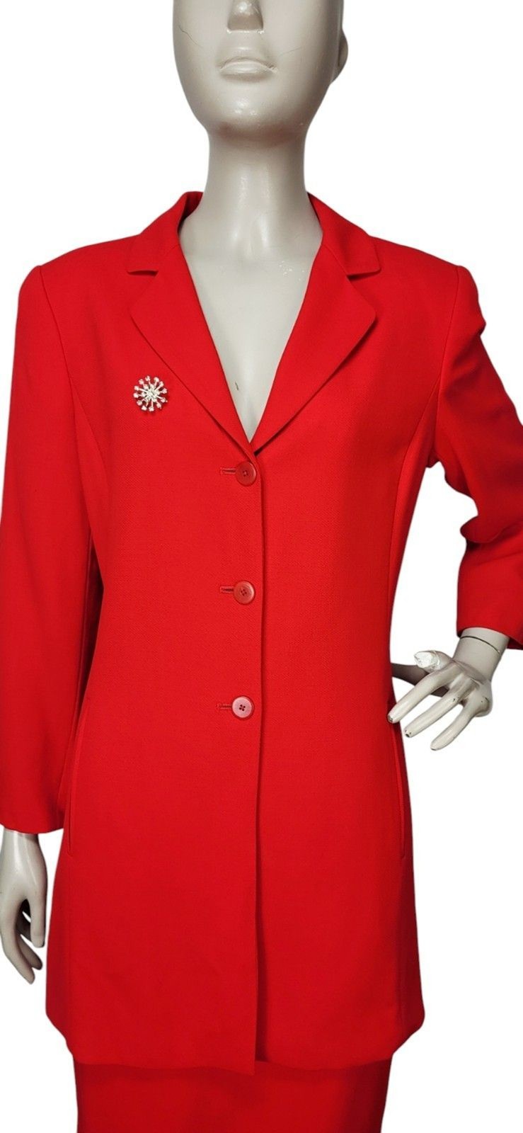 VTG 80s Linda Allard Ellen Tracy 100% Wool Long Blazer & Pencil Skirt Set Brooch