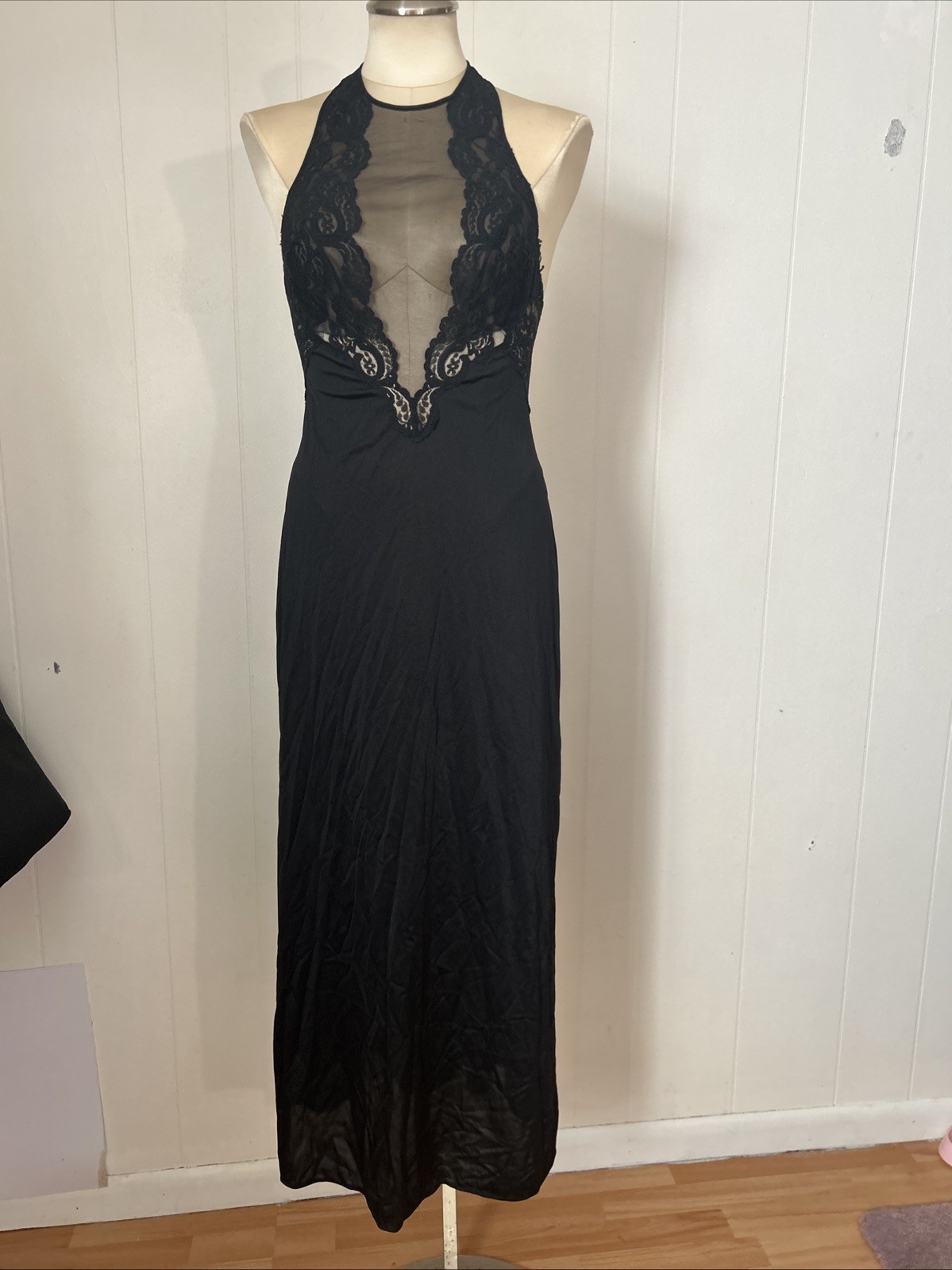 RARE Vtg Glydons Hollywood High Neck Lace Black Nightgown Deep V Low Backless M
