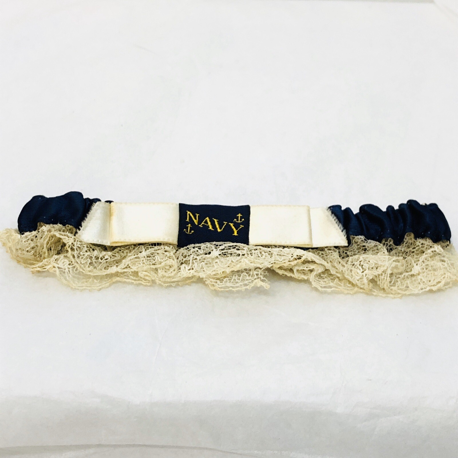 Vintage 1950s US Navy Wedding Garter Blue with Gold Anchors and Lace