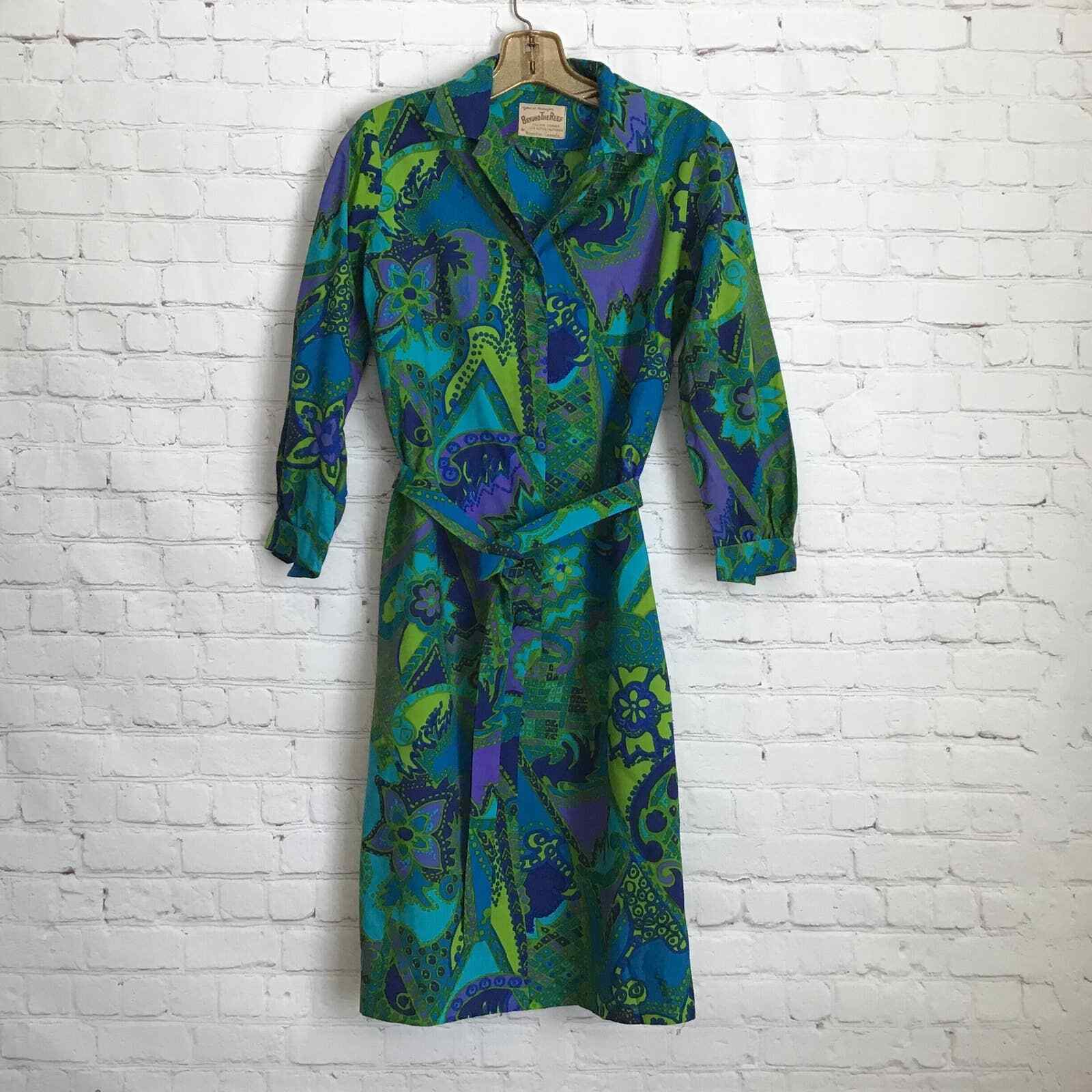 Vintage Beyond the Reef Hawaiian Casuals Dress Button Front Belted Blue Green
