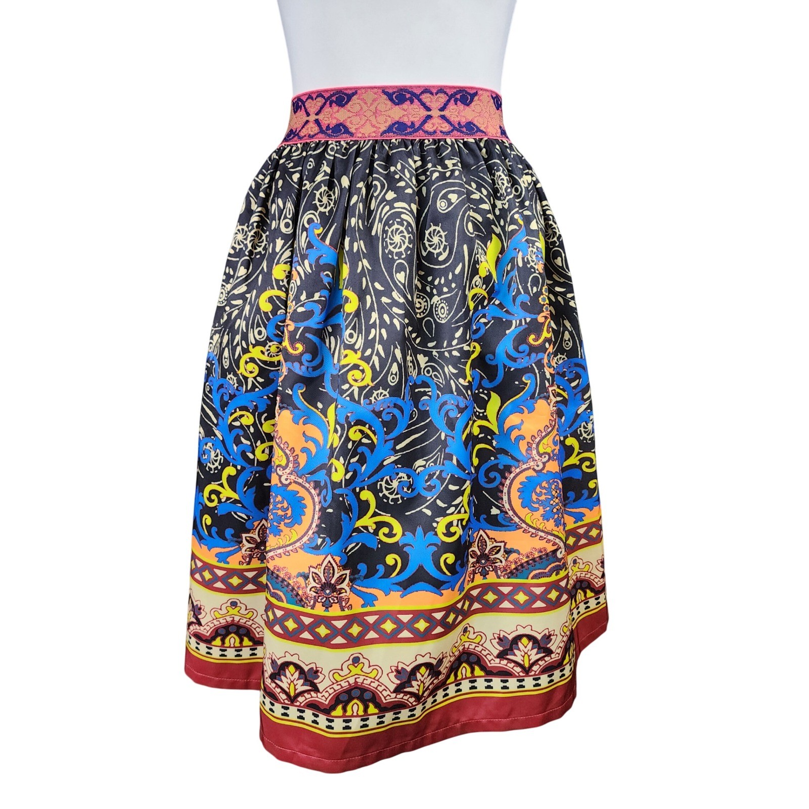 Flying Tomato A-Line Full Skirt Blue Orange Paisley Elastic Waist Boho Festival