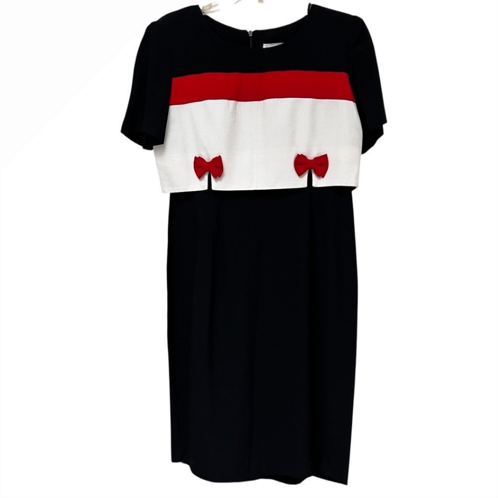 Vintage 90s Colorblock Bow Sheath Dress Retro Mod Office Siren Made in USA SP