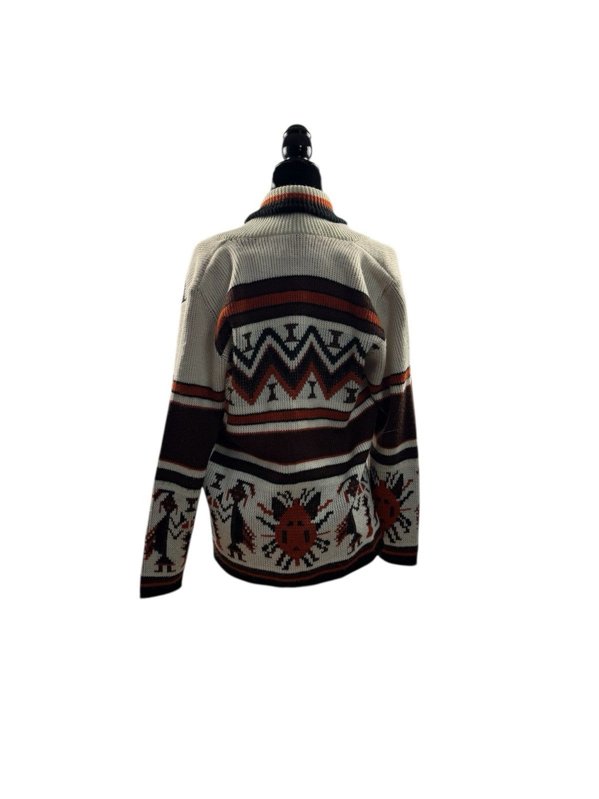 VTG Cardigan Sweater Aztec Knit Open Front Shawl Collar Earth Tones Sz S No Belt