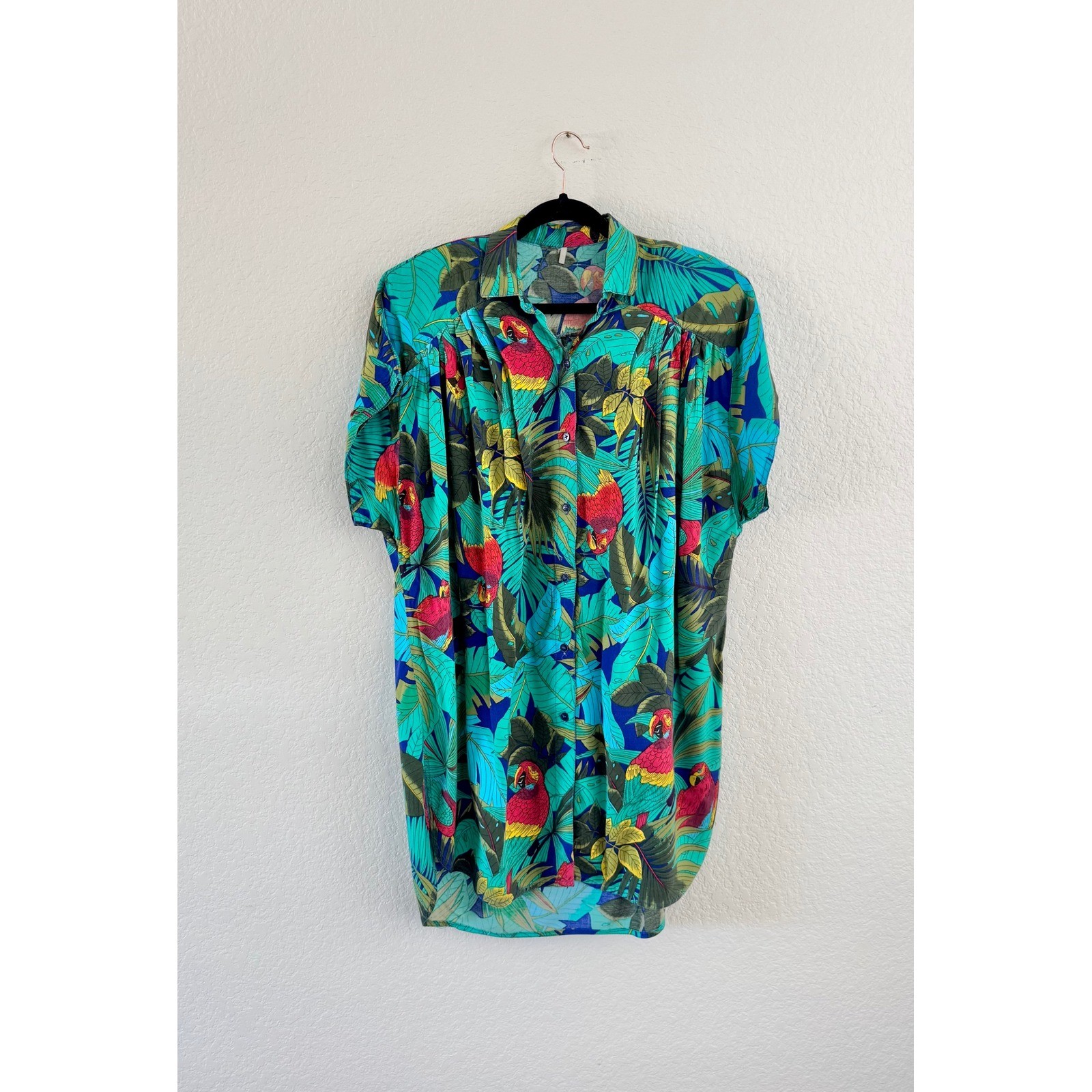 Vintage Shirt Dress Women OS Multicolor Tropical Parrot Print Pleated Oversized
