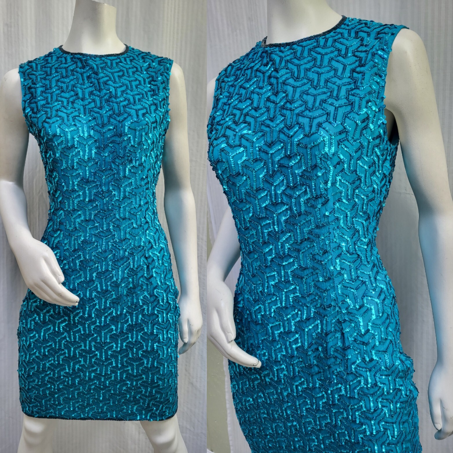 Vintage 90s Stenay Teal Sequin Silk Sleeveless Dress – Size M