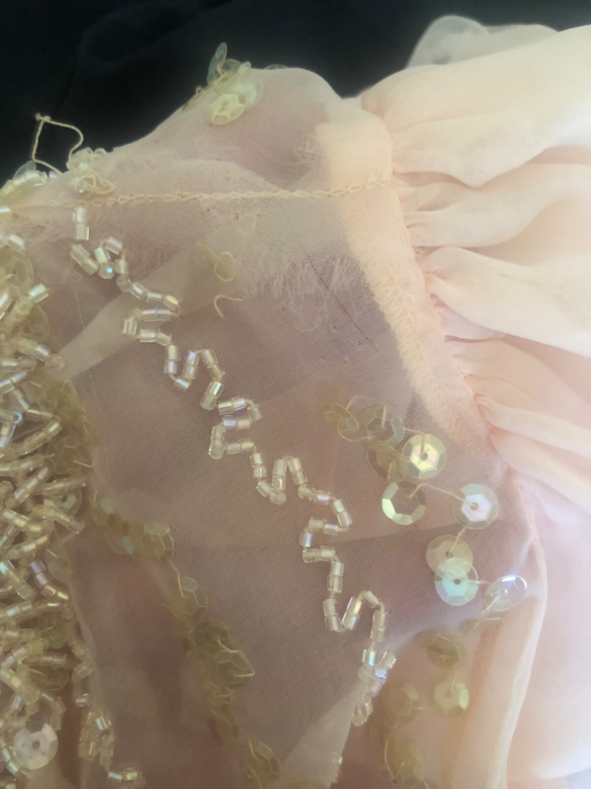 Vtg 70s 80s JACK BRYAN Dress Set 14 M Pink RUFFLE Beaded SEQUIN CHIFFON COQUETTE