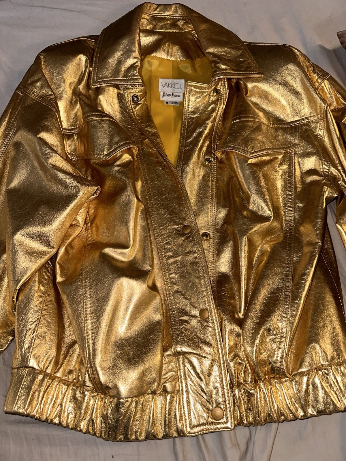Vintage 80s VAKKO Neiman Marcus Gold Metallic Leather Jacket Bomber Medium USA