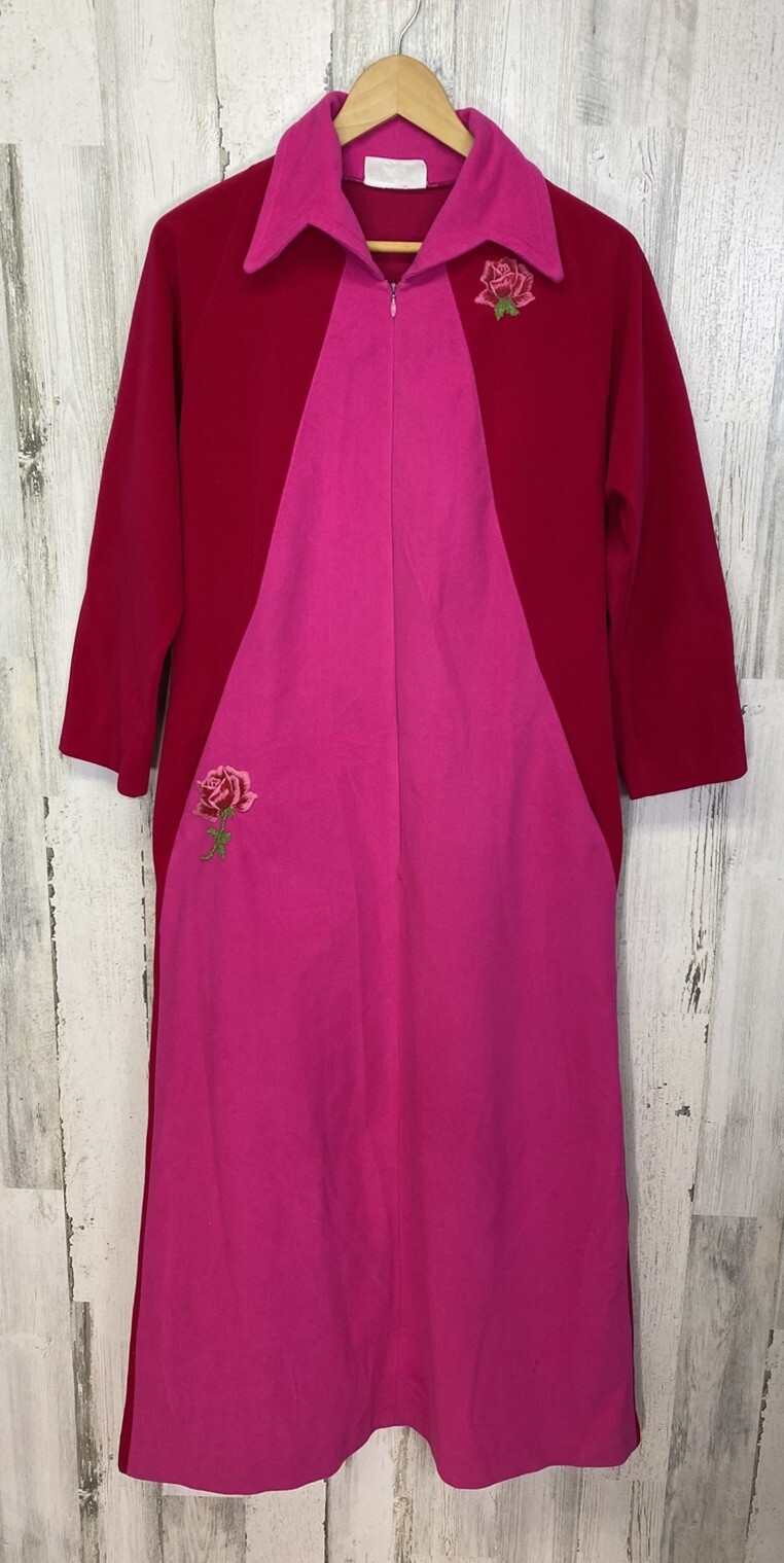 Vtg At Home Wear by Van Raalte House Coat Robe Velvety Feel Colorblock Sz 8