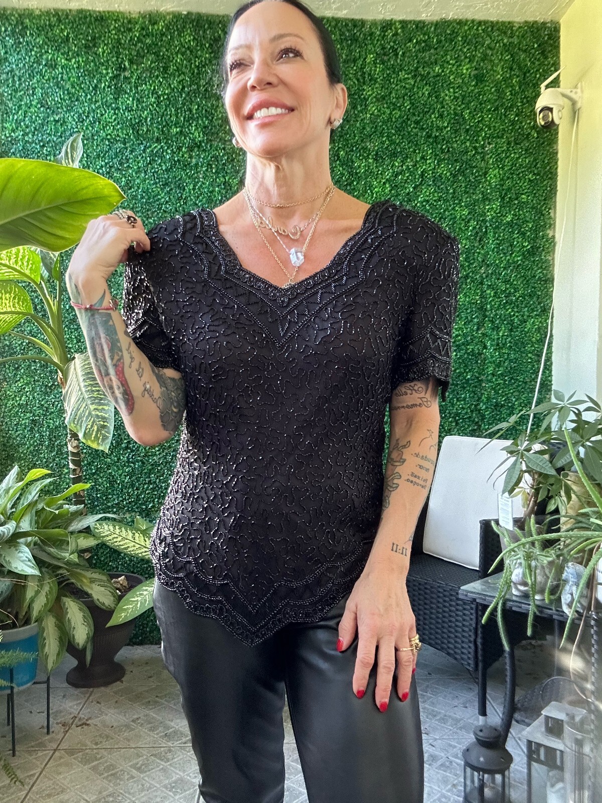 1980s Cote d’Azur Evening Black Sequined Beaded Fringe Top Handicraft Cropped Si