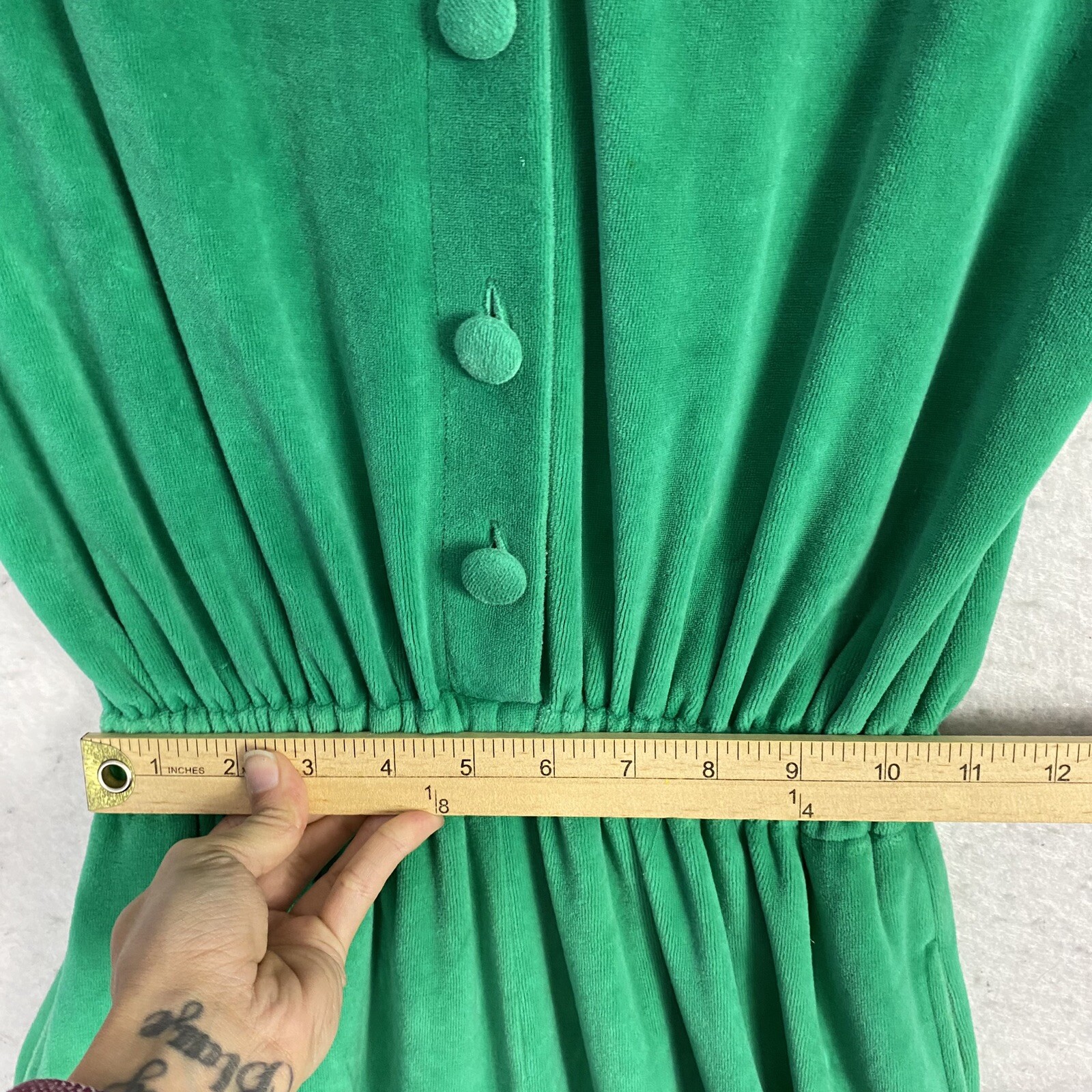 VTG Green Velour Jumpsuit Button Up Long Sleeve S 80s 90s Pockets High Rise