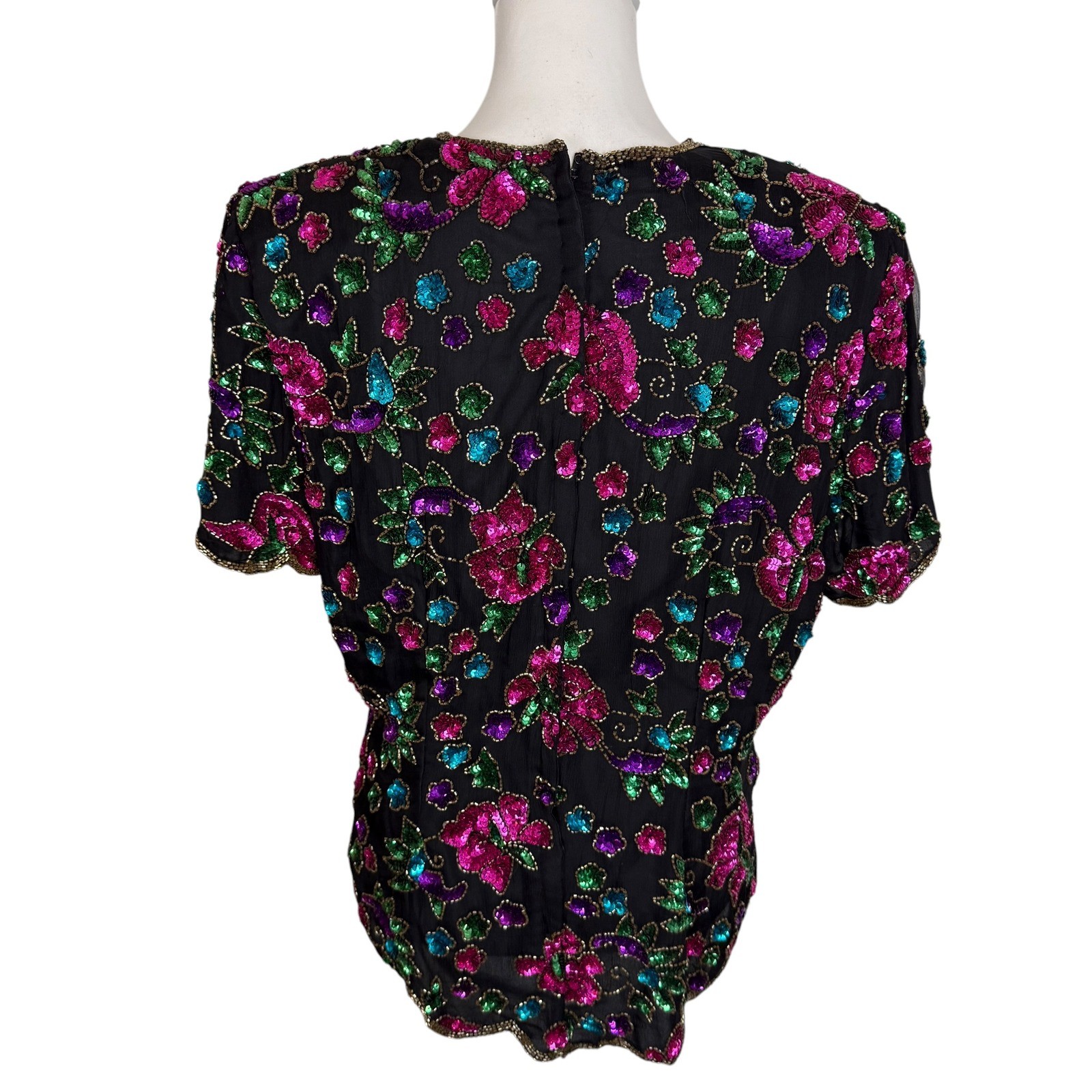 Stenay Vintage Silk Sequin Floral Beaded Evening Blouse Black XL Scalloped Hem
