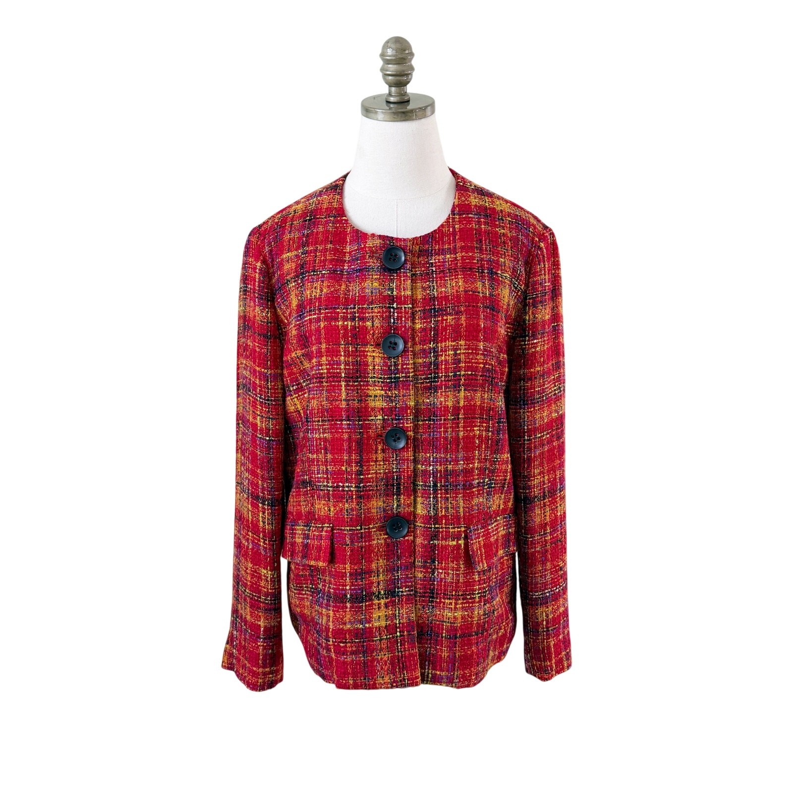 Vintage 90s N Touch Red Plaid Tweed Blazer/Top Women’s M/L Button Up Crew Neck