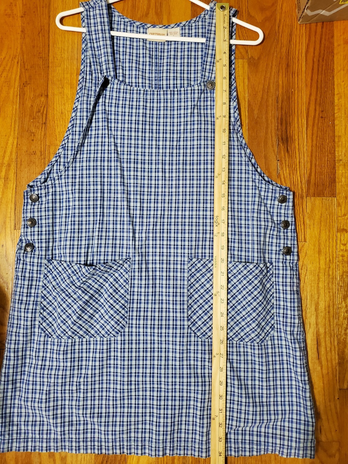 Vtg Crossroads Plaid Overall Dress Blue Size Large Cotton Cottagecore Button Up