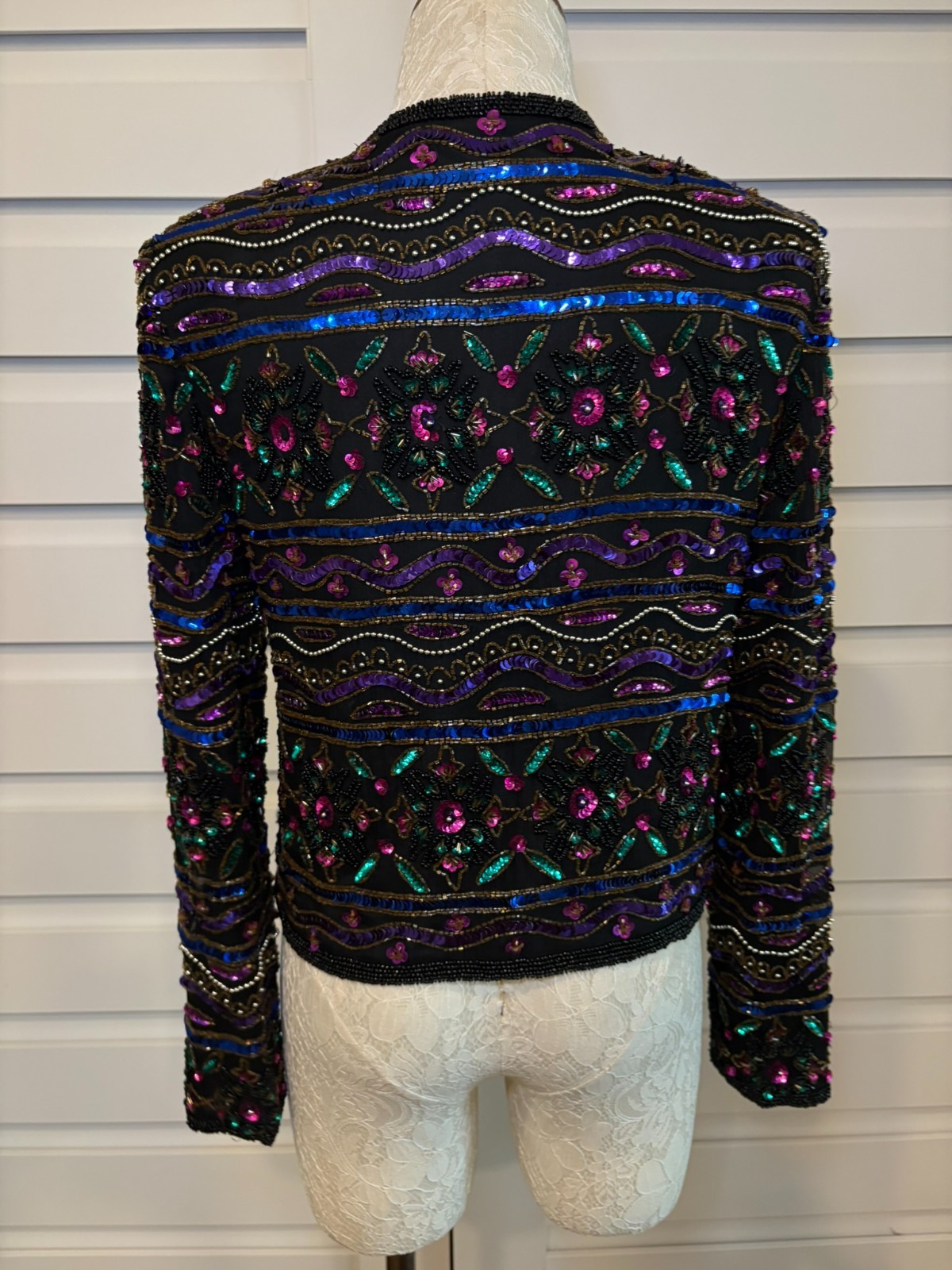 Vintage 80s Handmade Black Beaded Sequin Floral Evening Jacket Medium