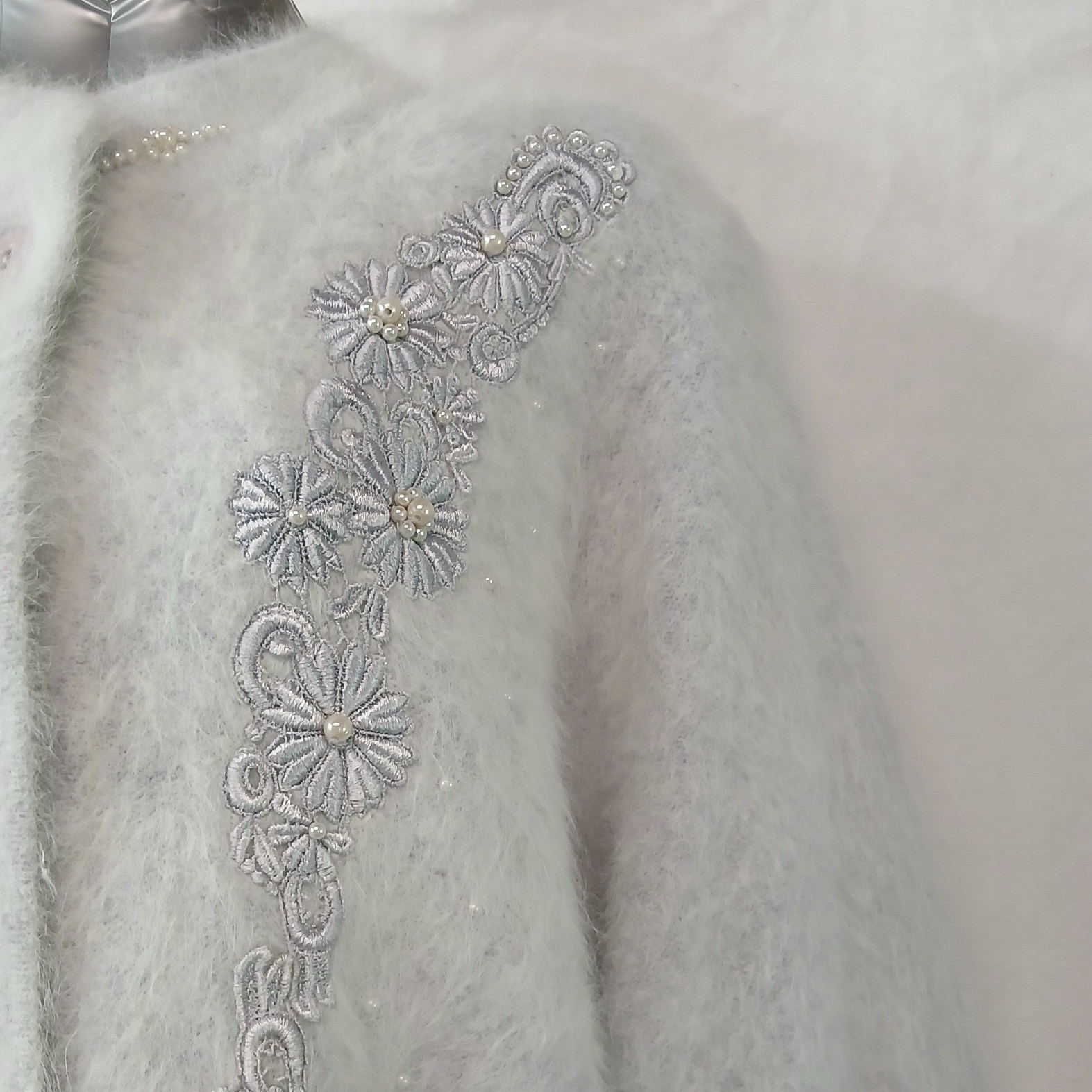 Vintage Lee Sands Angora Blend Cardigan Coat Gray Floral Pearl Lined OS Plus
