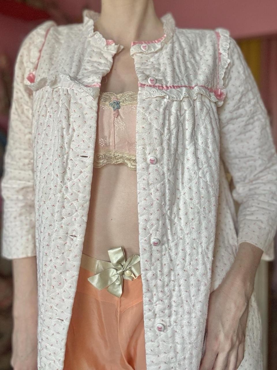 70s Angel Face Quilted Housecoat Robe, Size M-L