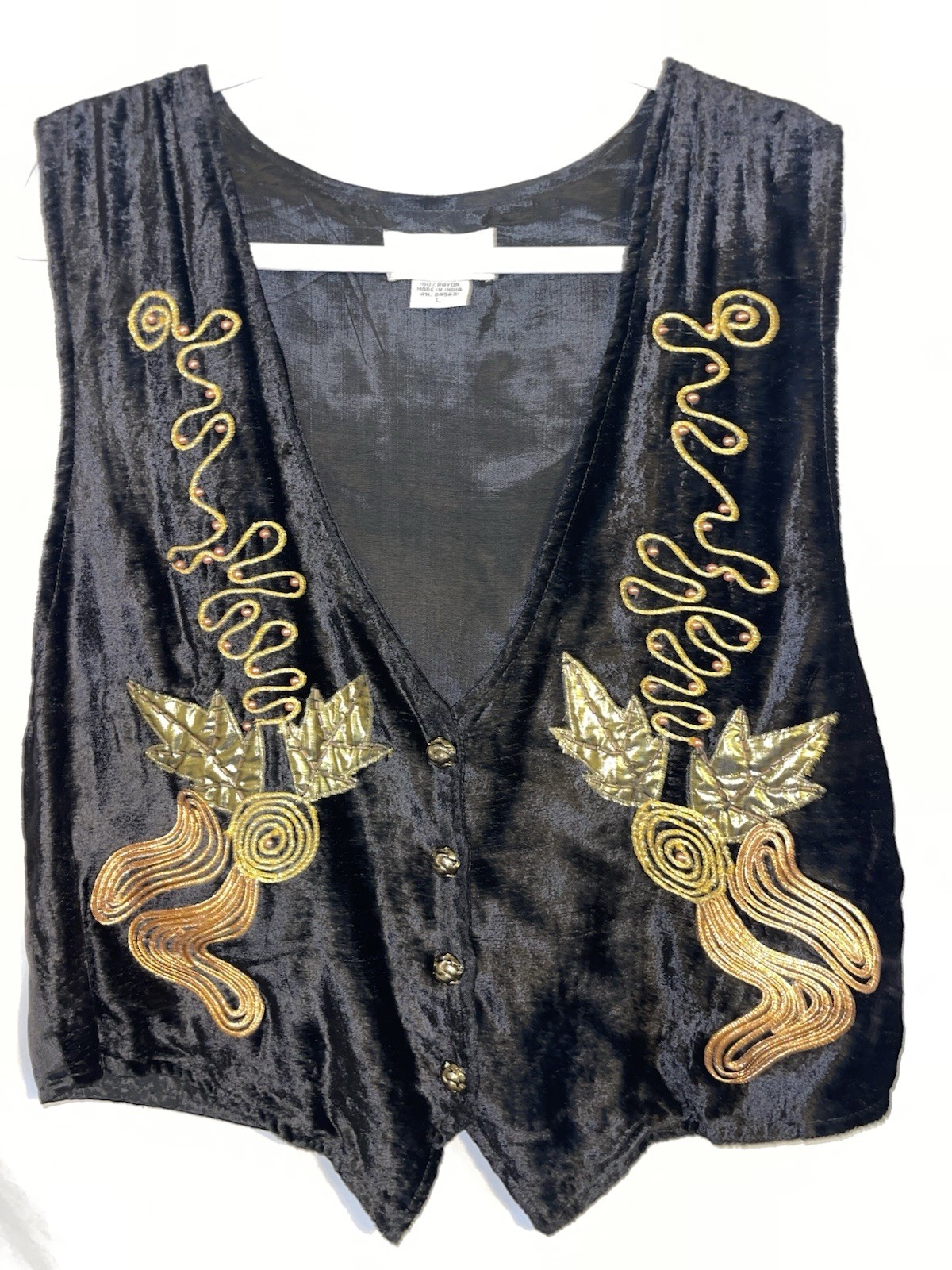 The Icing Vintage Vest Rayon Velvet Look Embroidered Black Copper Gold Women’s L