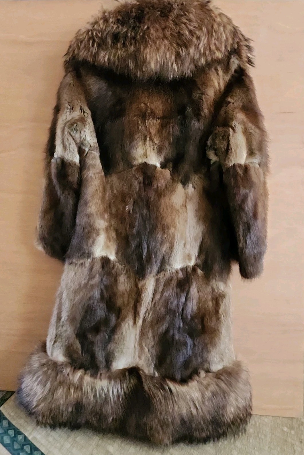 Vintage Rabbit Fur Coat w/ Raccoon Fur Collar & Trim Paisley Lining 41″ -AS IS-