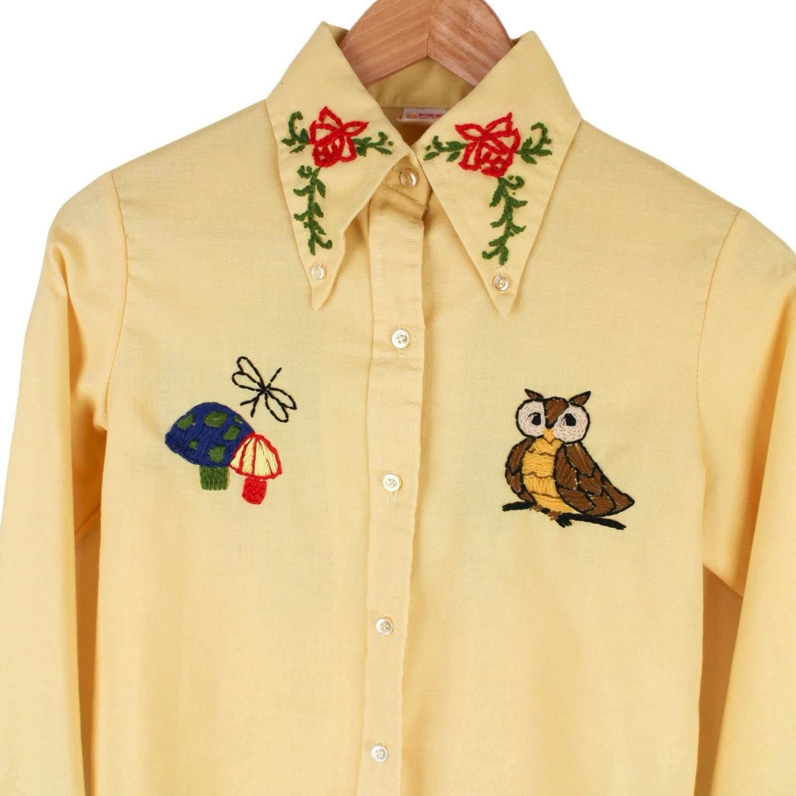Vintage 70s Hand Embroidered Floral Owl Button Up Shirt Hippie Nature Size 14