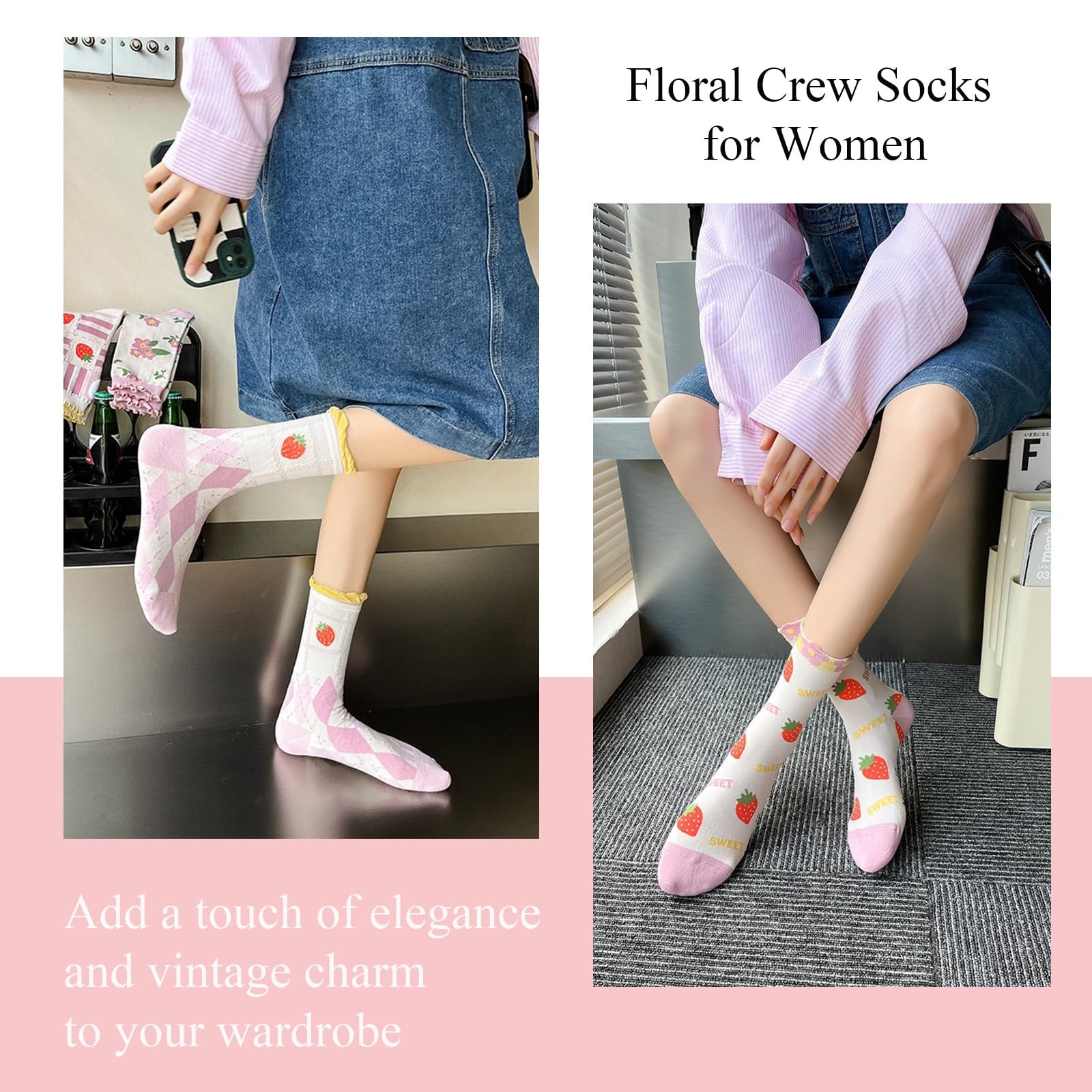 DXYAKY 5 Pairs Vintage Floral Crew Socks for Women, Soft Medium, Pink