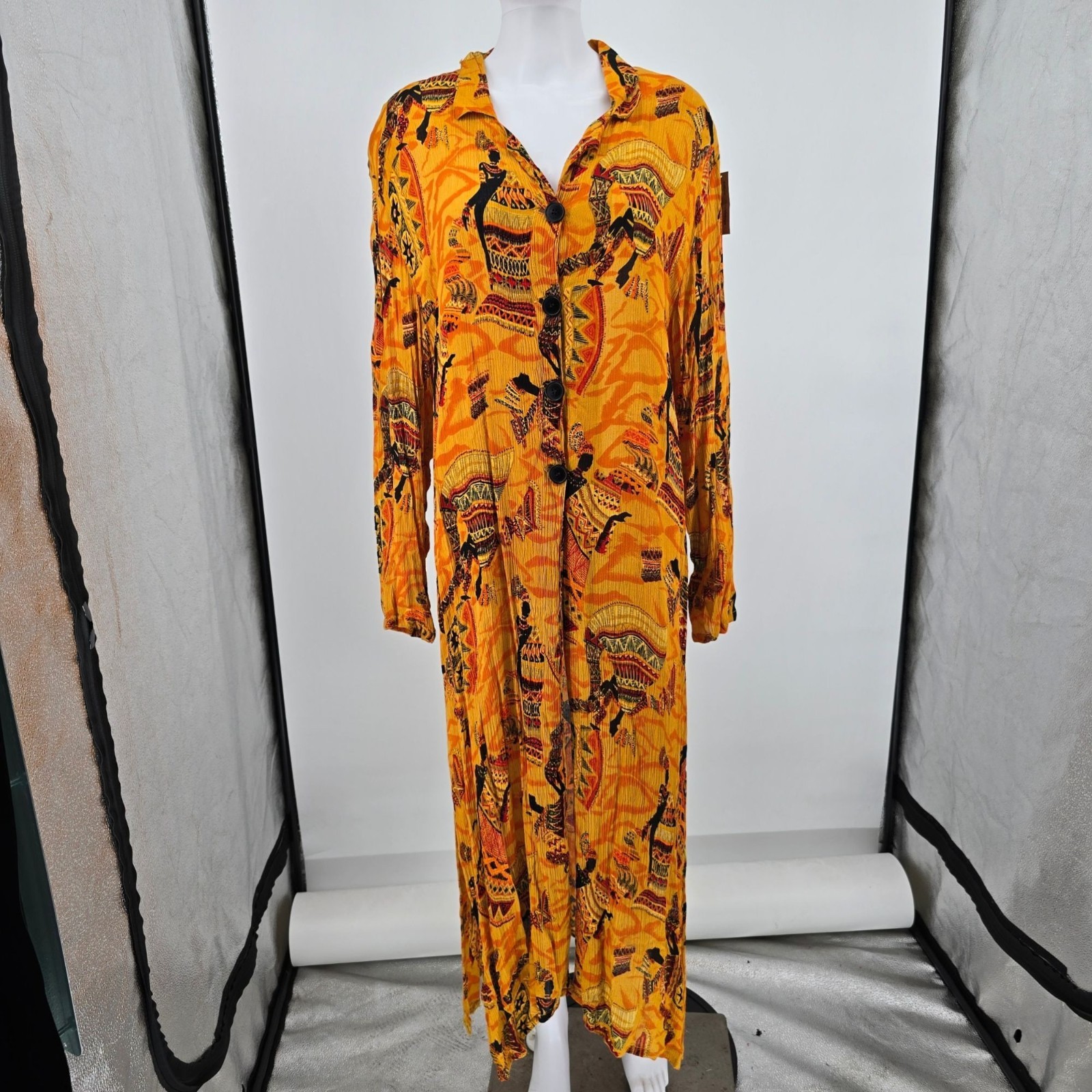 Vintage 1990s Luxe Noir by Lucerne Labidou Rayon Crinkle African Print Dress (M)