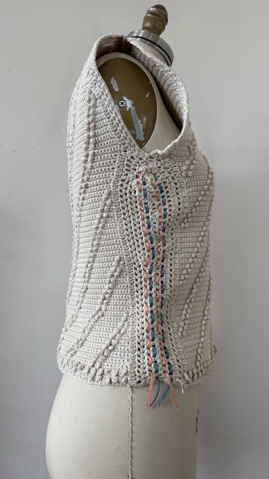 Antique/Vintage Art Deco Popcorn Rayon Hand Crocheted Knit Ribbon Trim Top XS