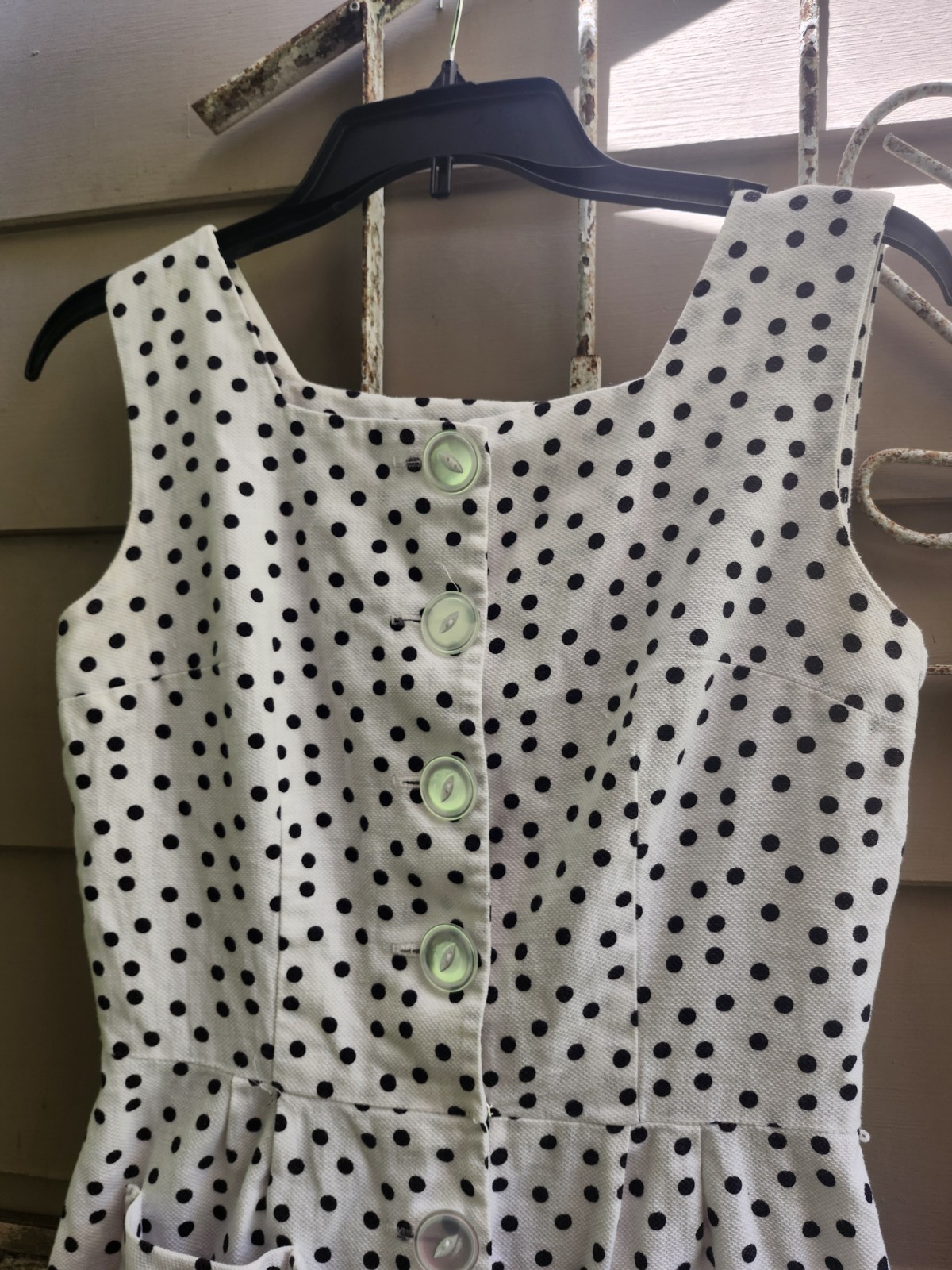 Vg 50s Dress White w/Black Polka Dot Fitted Waist Lrg Button Front W Pockets S/M