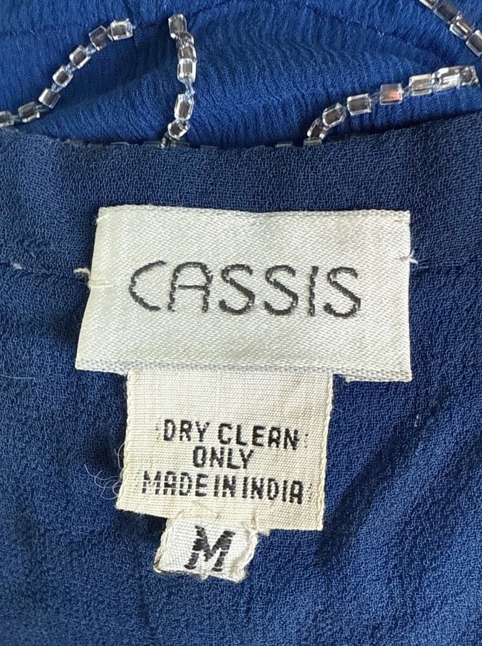 Vintage 80s Glam Cassis- Blue & Silver Hand Beaded Silk Midi Dress – Size M