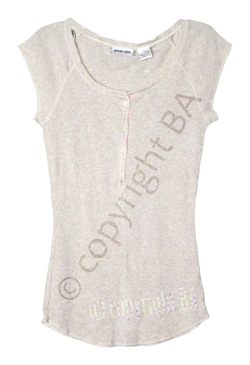 Y2K Energie Women Ribbed Tan Scoop Neck Henley Short Cap Sleeve Shirt Top Preppy
