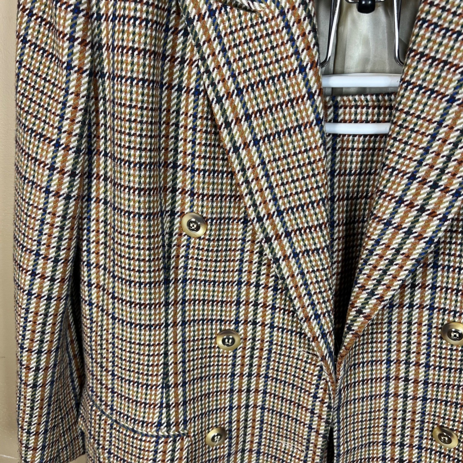 Hugo Buscati Milano Vintage Plaid Skirt Suit Brown Blue Wool Blend Size 8 USA