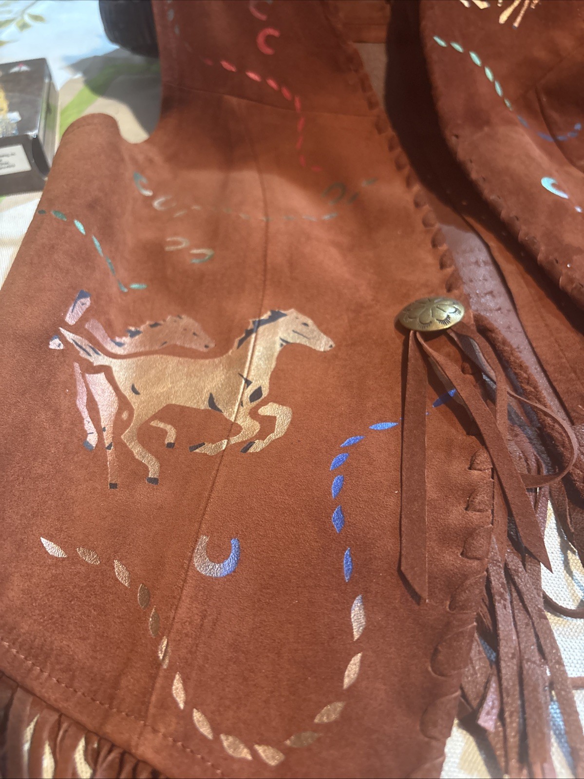 Char Leather Fringe Hand Painted Vest Size XS Santa Fe