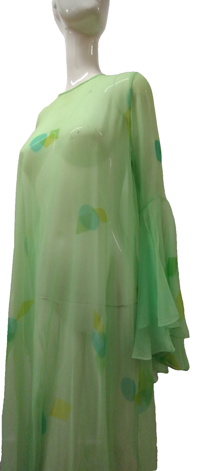 Vintage Psychedelic Jade Green Silk Chiffon Wide Bell Sleeves Maxi Gown Sheer L