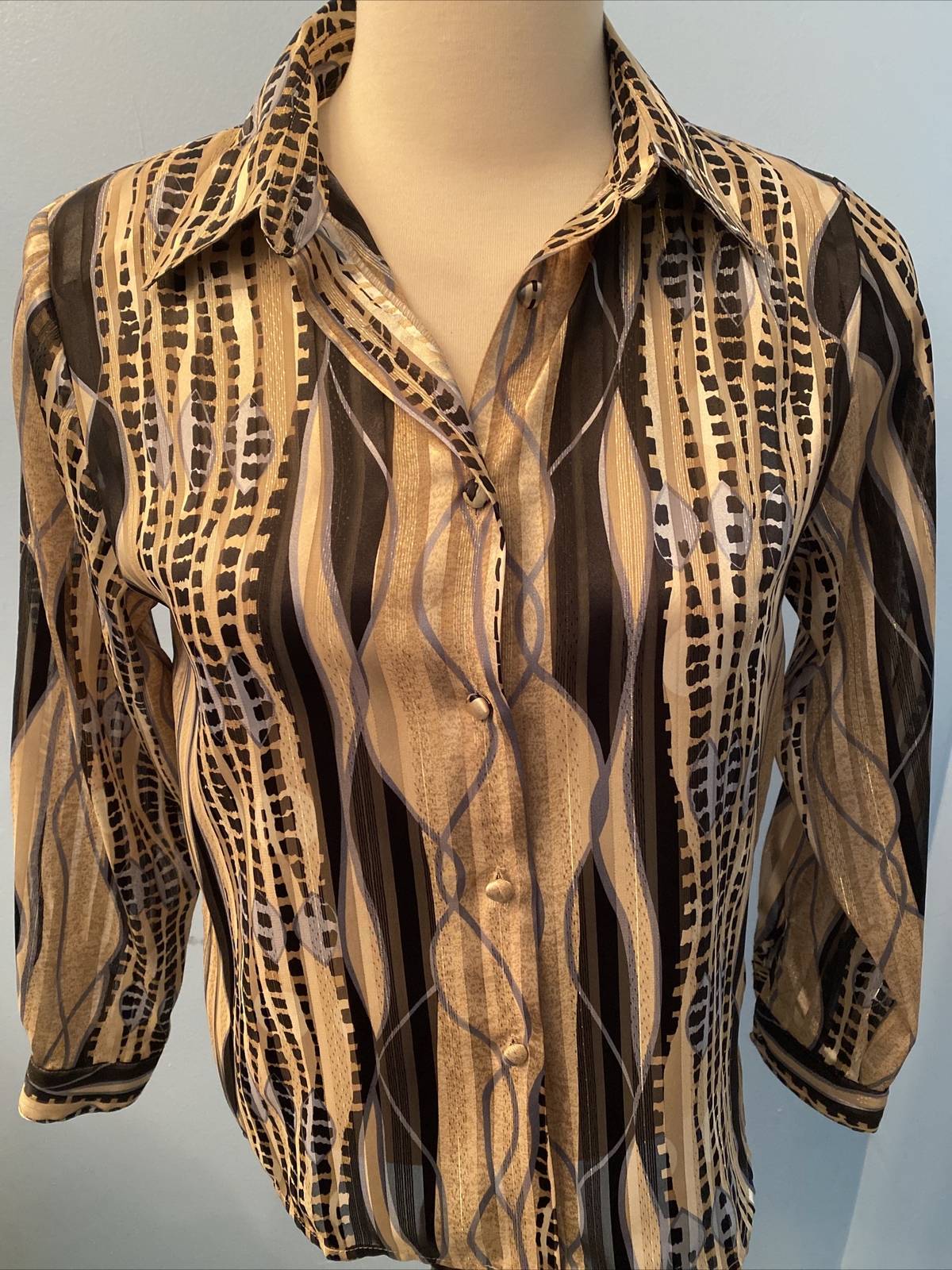 Yves St. Claire Women’s Sz 10P Gold/Black Sheer Geometric Long Sleeve Blouse NWT