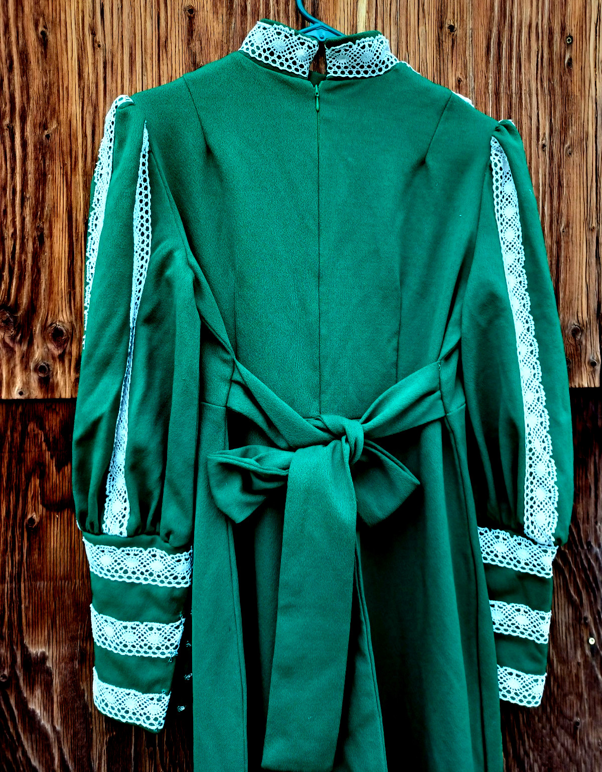 Amazing 70s Vintage Green Empire Leg O Mutton Sleeve Sz M/L PolyKnit Maxi Dress