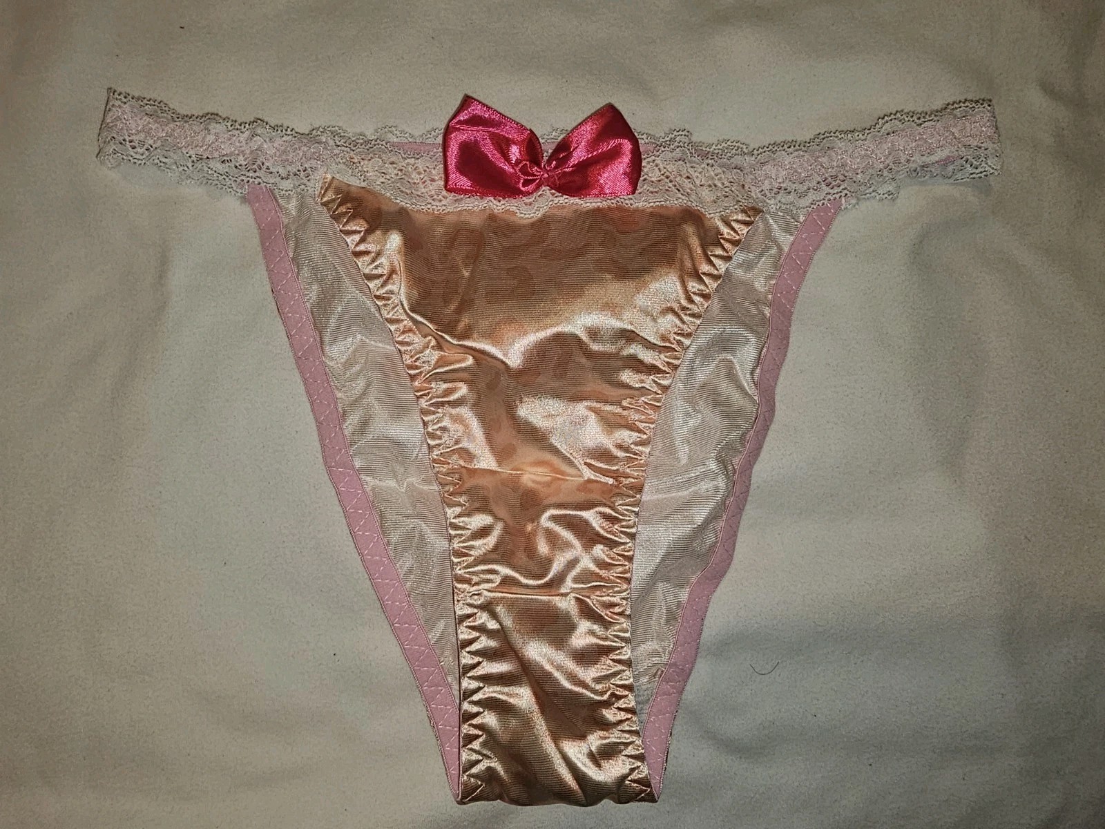 Vintage Girly Glossy Satin String Bikini Light Pink Panties. Size Large