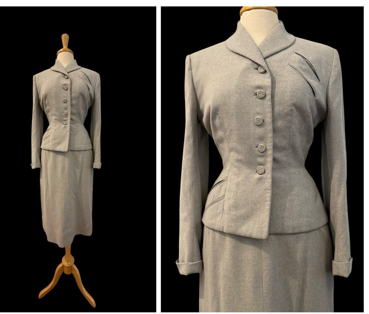 Vintage 1940s PinUp Syl-Dan Modes Chicago Gray Wool Peplum Jacket Skirt Suit S/M