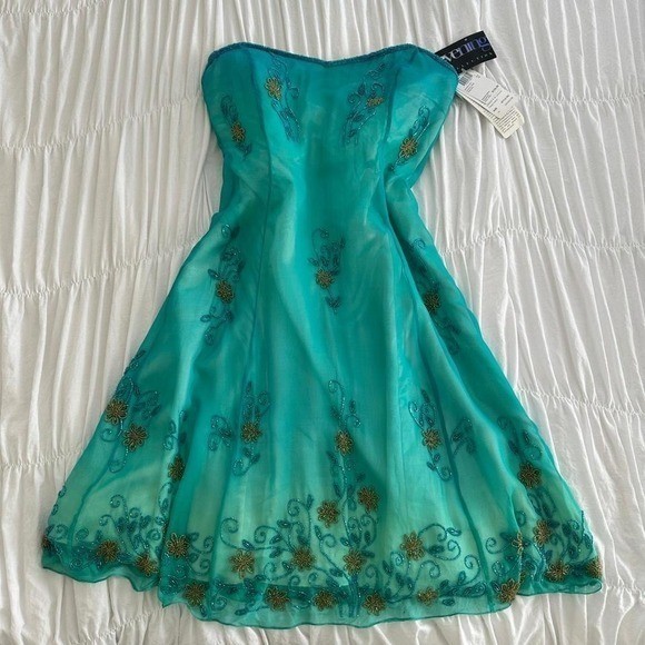 NWT VINTAGE Adrianna Papell Evening Silk Strapless Teal Mermaid Beaded Dress