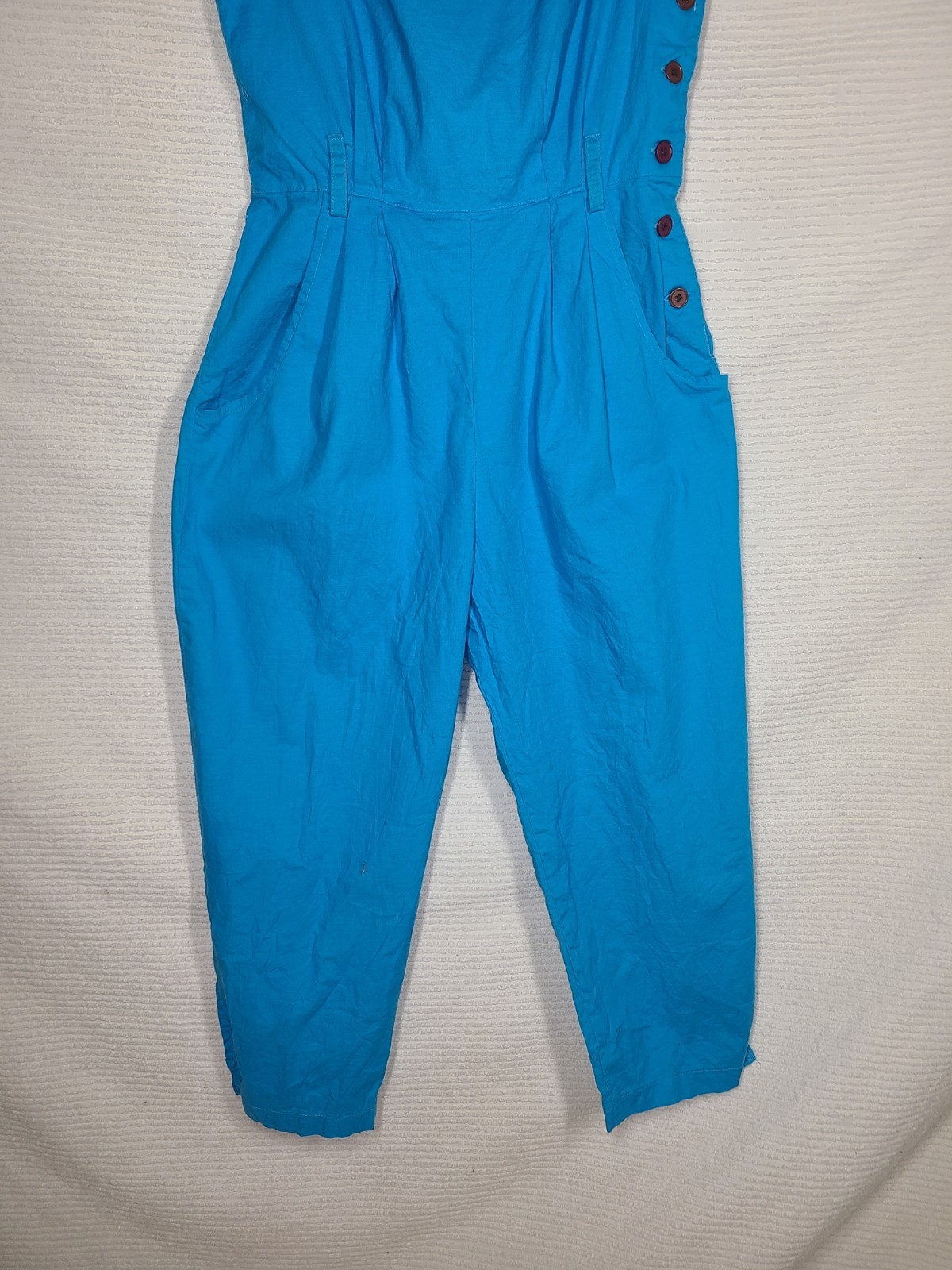 Vtg 80s Cotton Jumpsuit Blue Retro Pinup Juniors 11 M L Cross Back Button Side
