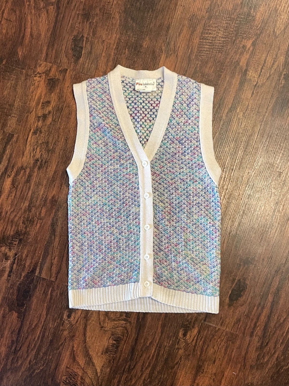 Vintage 1970s 1980s Fire Island Textured Colorful Knit Vest Contrast Trim Medium