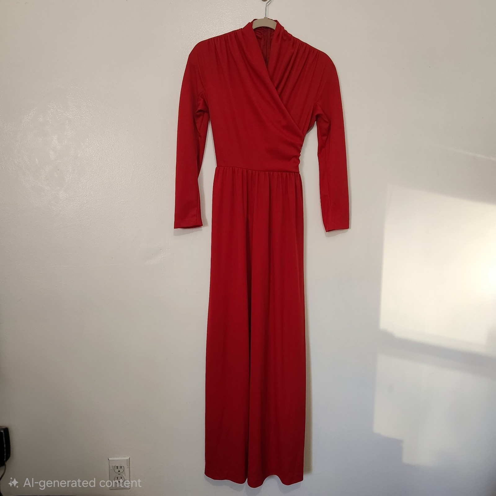 Vtg 70s Union Made Red Crisscross Bodice Maxi Dress Goddess Disco Small XS 55″