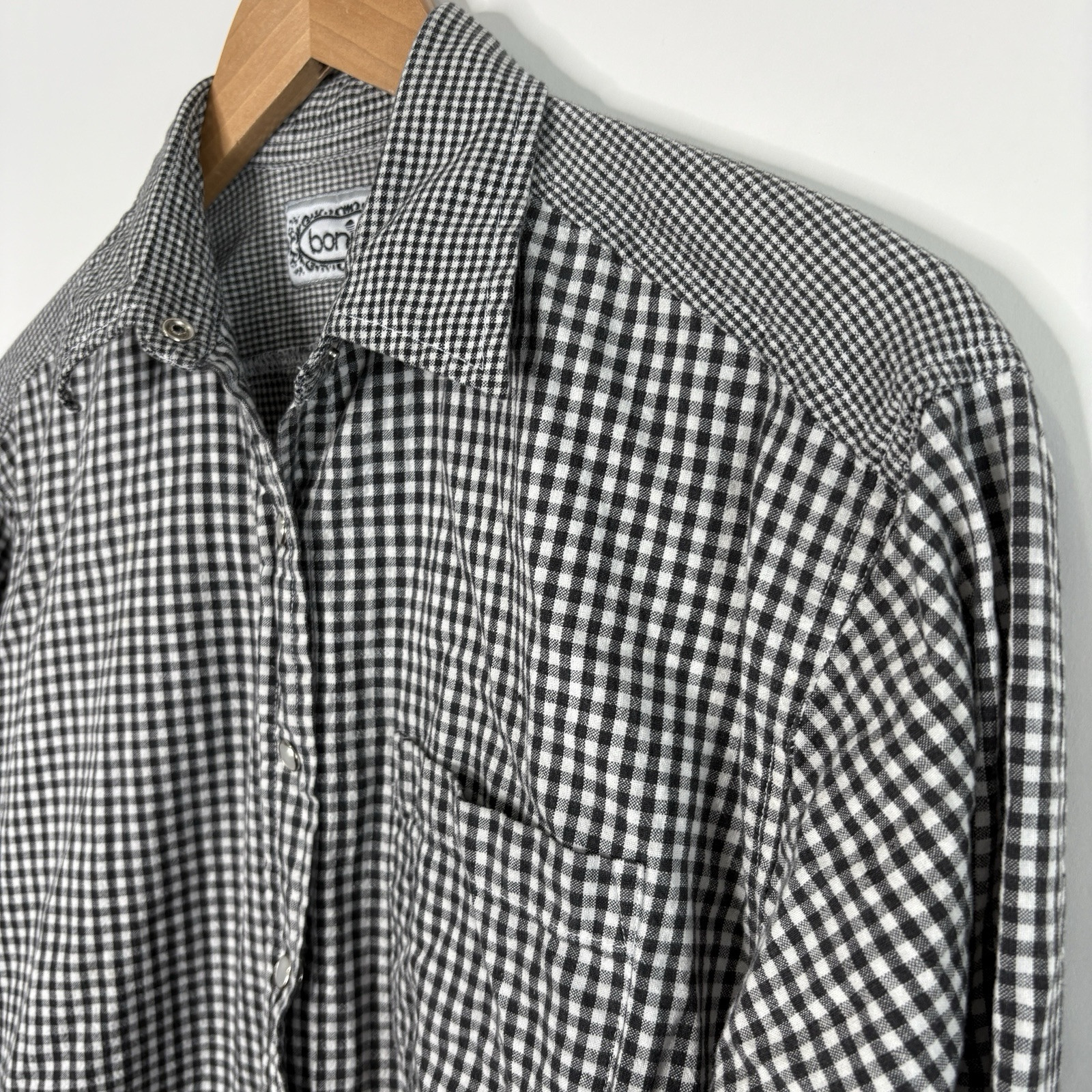 Vintage Bonjour Button Up Gingham Plaid Black White Long Sleeve Womens size M