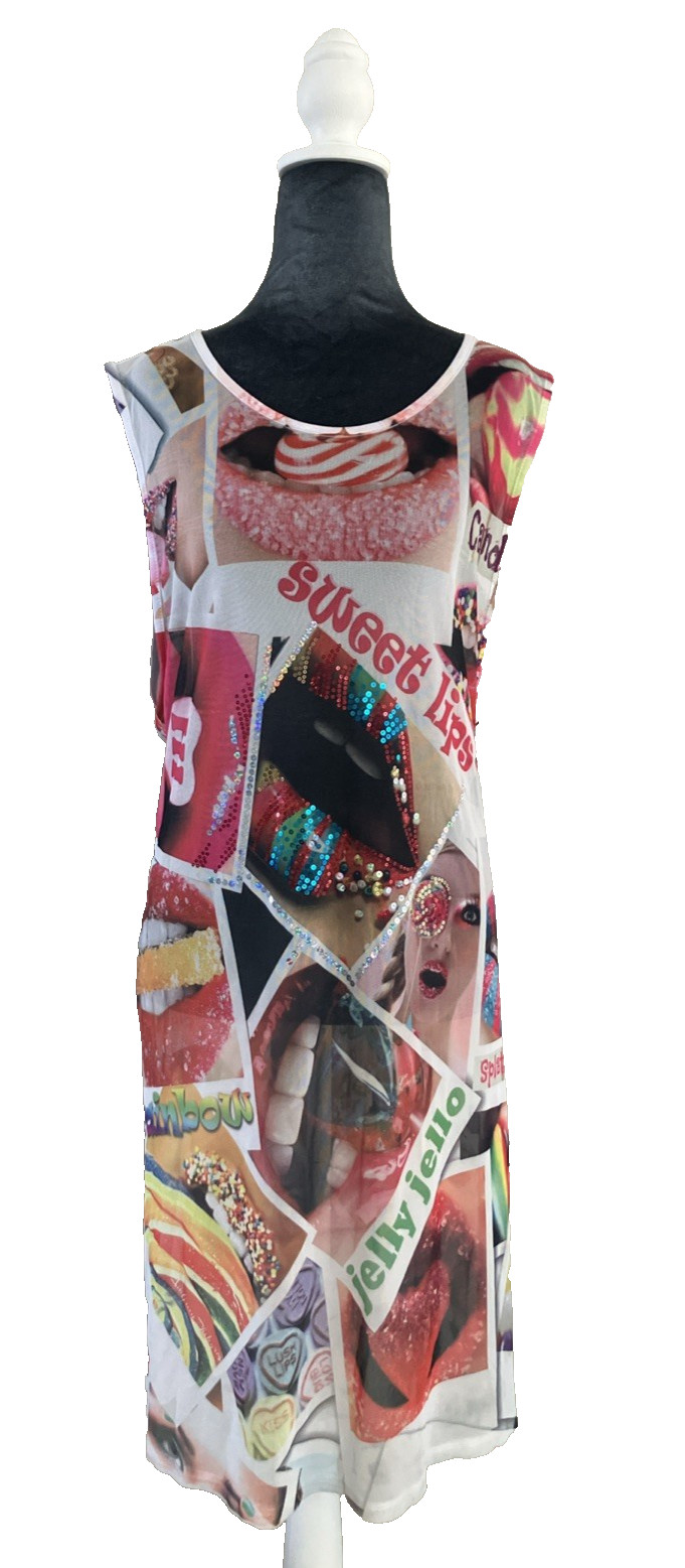 VTG Y2K CLEO Apparel Dress Candy Sprinkles Sweet Lips Sheer Glitter Lollipop 2XL